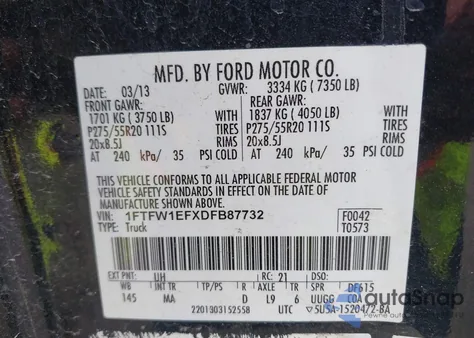 2013 Ford F-150 Xlt из США, поврежденный, VIN 1FTFW1EFXDFB87732